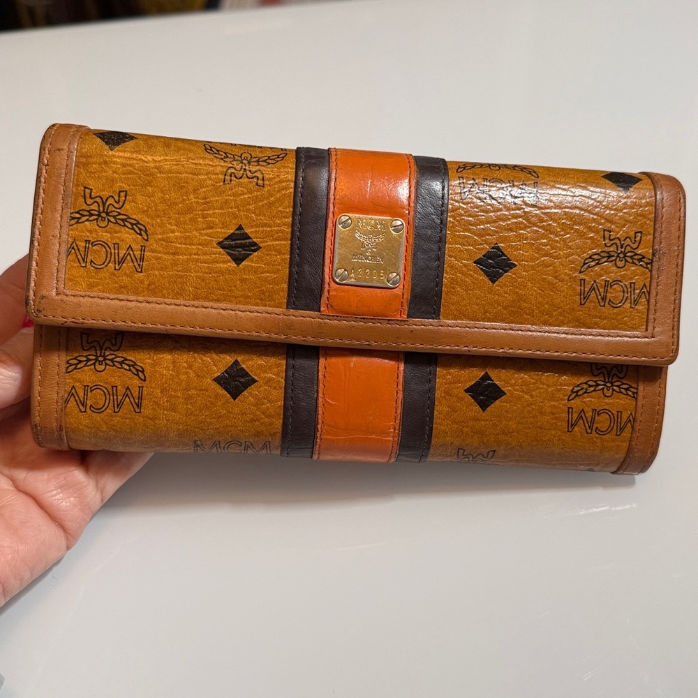 MCM Brown and Black Logo Continental Wallet with Orange Accent - Picture 11 of 11